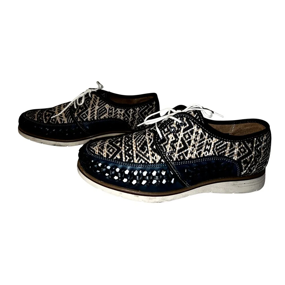 Huaraches Playera Men Navy Blue Woven Leather Geometric Lace Up Shoes Mexico